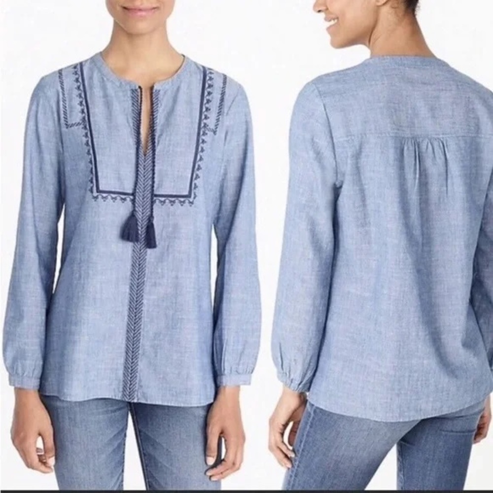 J. Crew Mercantile blue chambray embroidered peasant top with tassel ties XXS